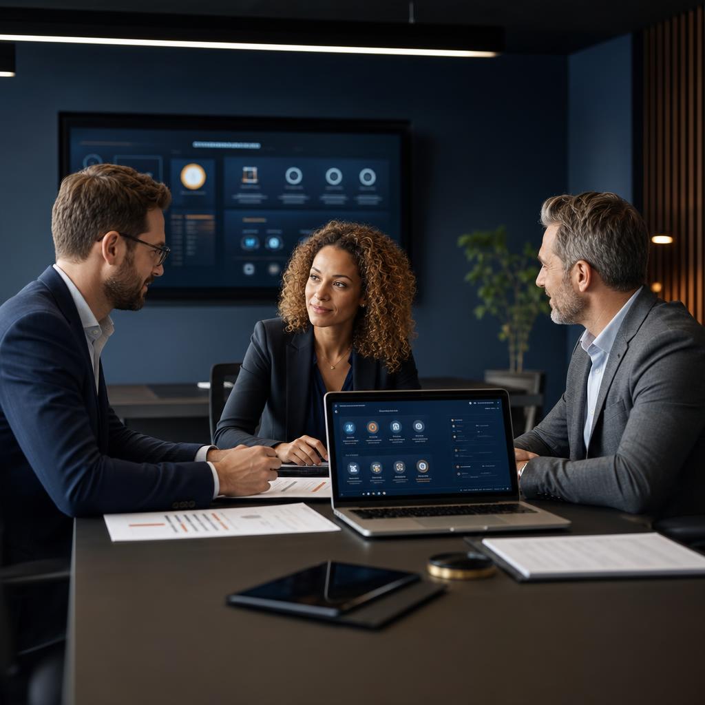 Modern corporate IT procurement meeting in a premium conference room.
