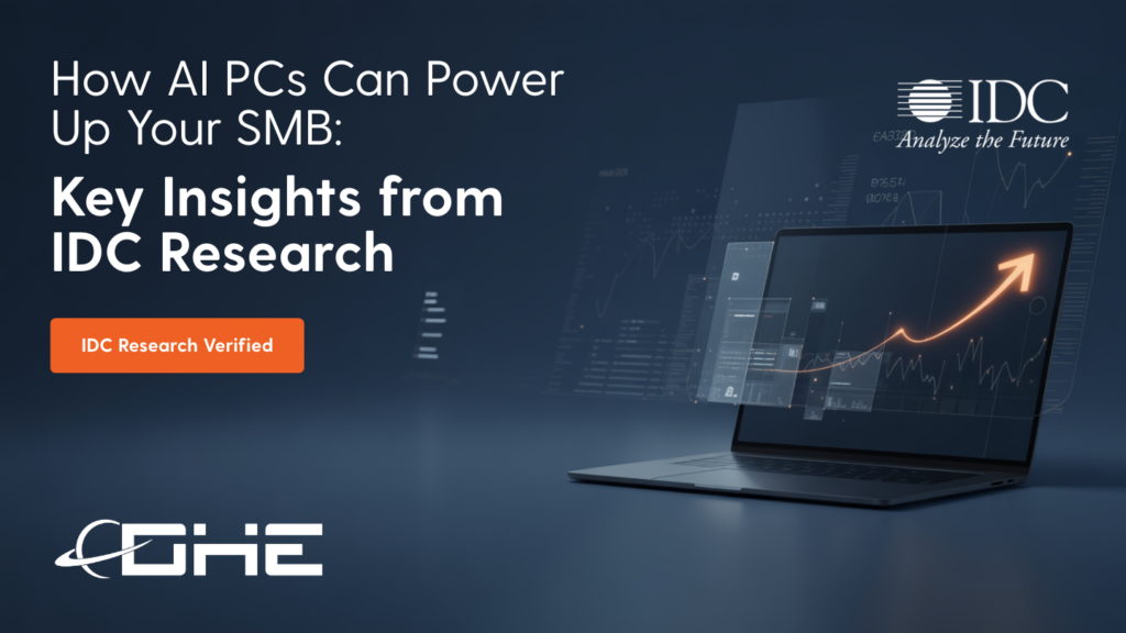 AI-enabled business laptop on navy background with upward growth chart and IDC research insights for SMB technology modernization