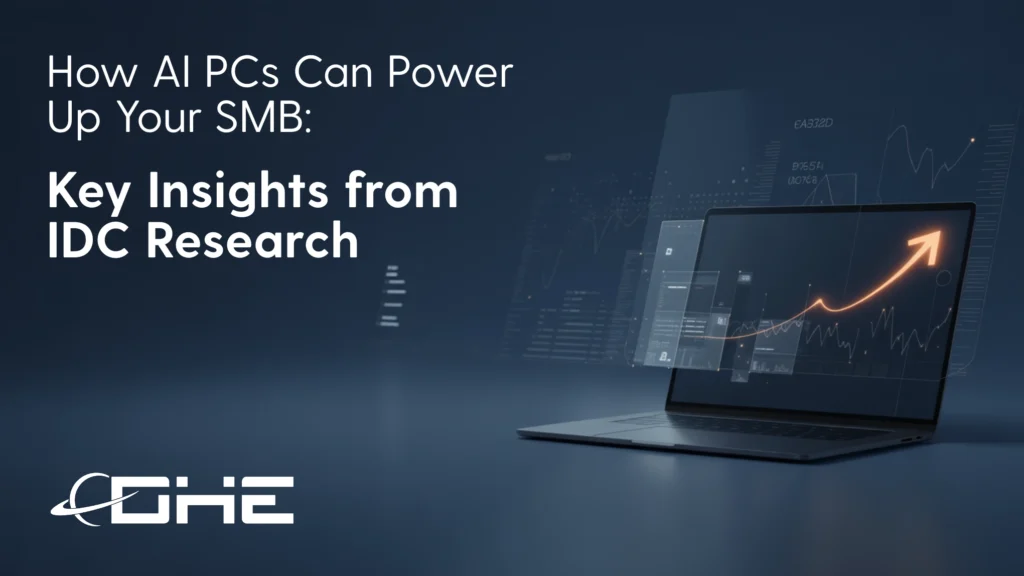 AI-enabled business laptop on navy background with upward growth chart and IDC research insights for SMB technology modernization
