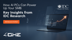 AI-enabled business laptop on navy background with upward growth chart and IDC research insights for SMB technology modernization