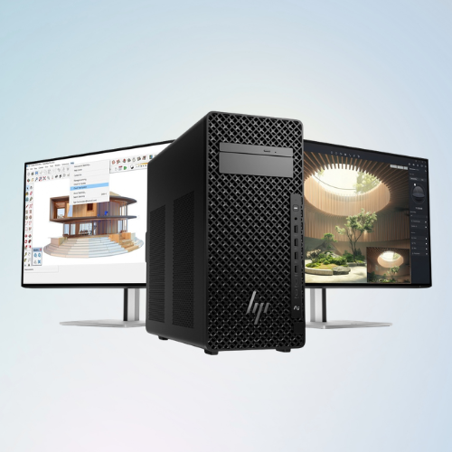 Z by HP desktop workstation with dual monitors showing a virtual class session and student collaboration dashboards in orange and purple interface colors