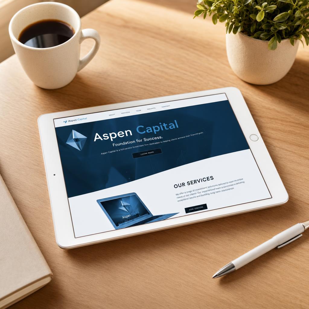 iPad showing the Aspen Capital website on a warm oak desk with a coffee cup, notebook, pen, and small plant