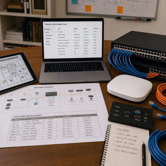 Network diagrams, structured cabling labels, laptop checklist, access point, switch, and AV equipment arranged for an IT installation project.