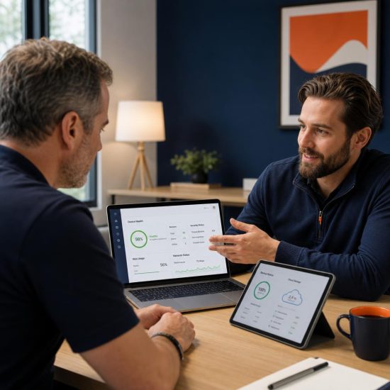 IT service specialist meeting with a client and reviewing a laptop dashboard for device health, security status, cloud services, and backups.