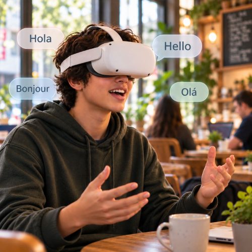 Smiling student in a VR headset speaks mid-sentence in front of a virtual café